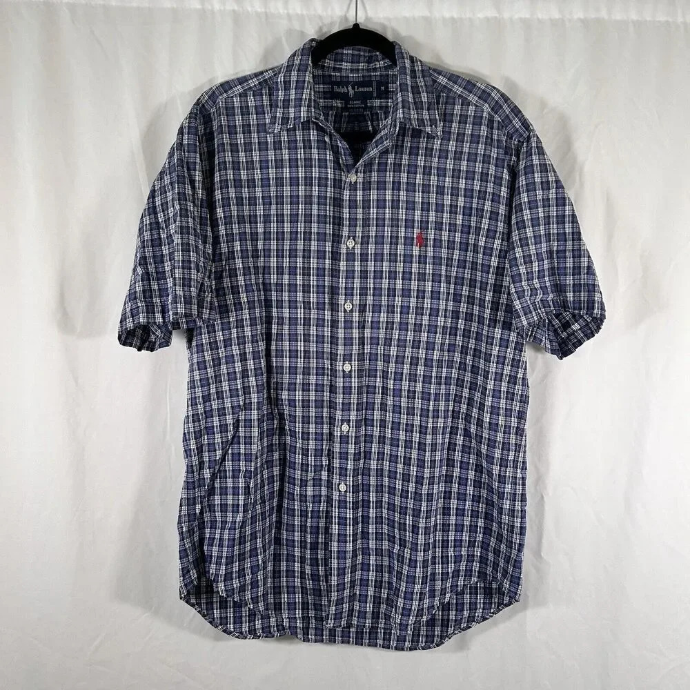 Ralph Lauren Shirt Men's Medium Blue Plaid Button Up Blair Short Sleeve Cotton